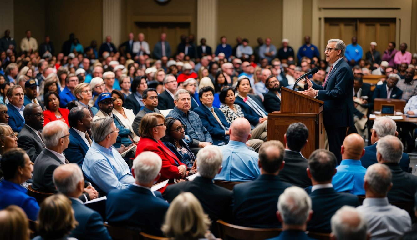 A crowded town hall meeting, with a diverse audience of all ages and backgrounds, listening to a speaker on a stage discussing political issues