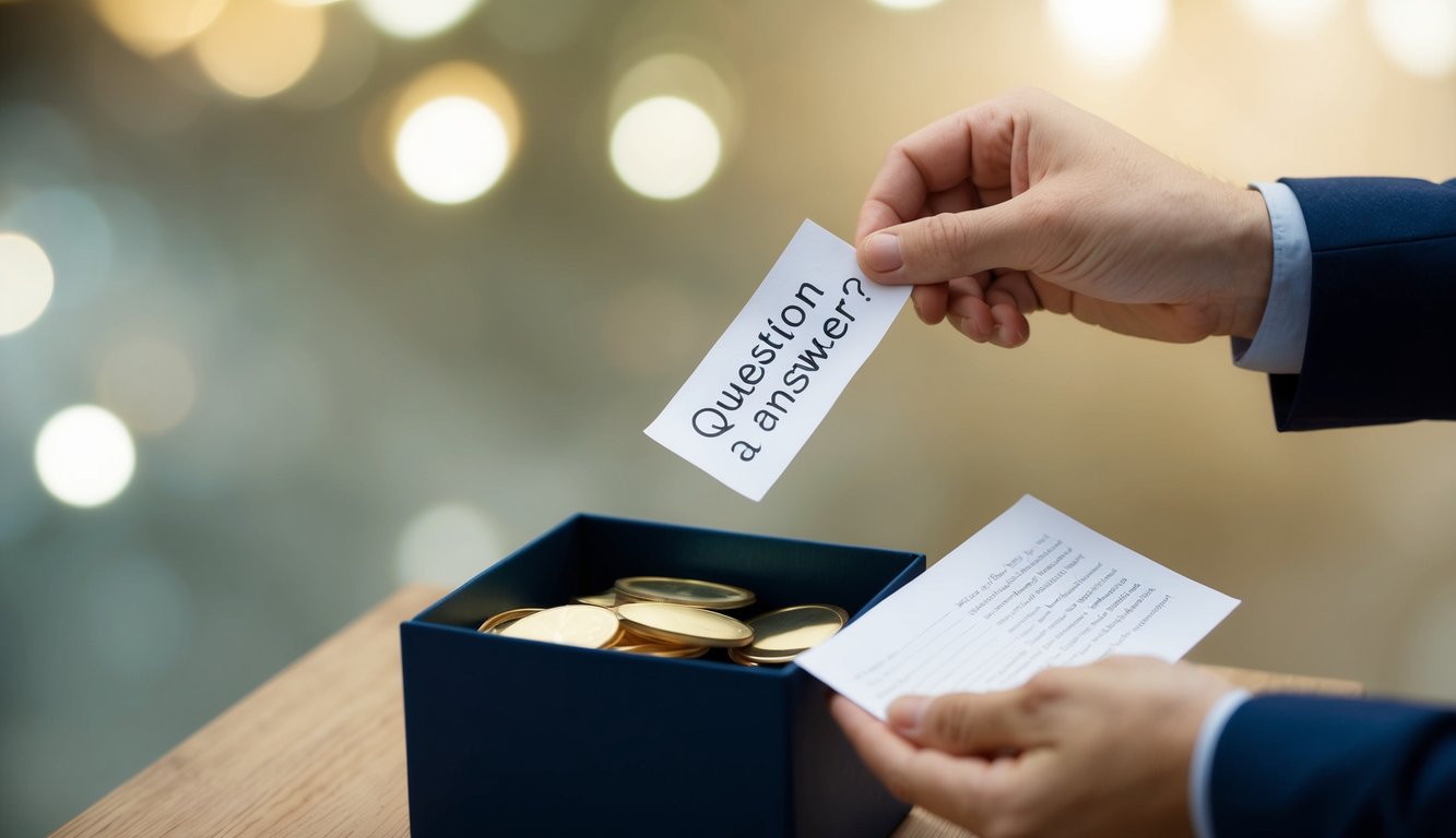 A hand reaching into a box, pulling out a slip of paper with a question written on it. Another hand holds a paper with the answer, ready to be exchanged