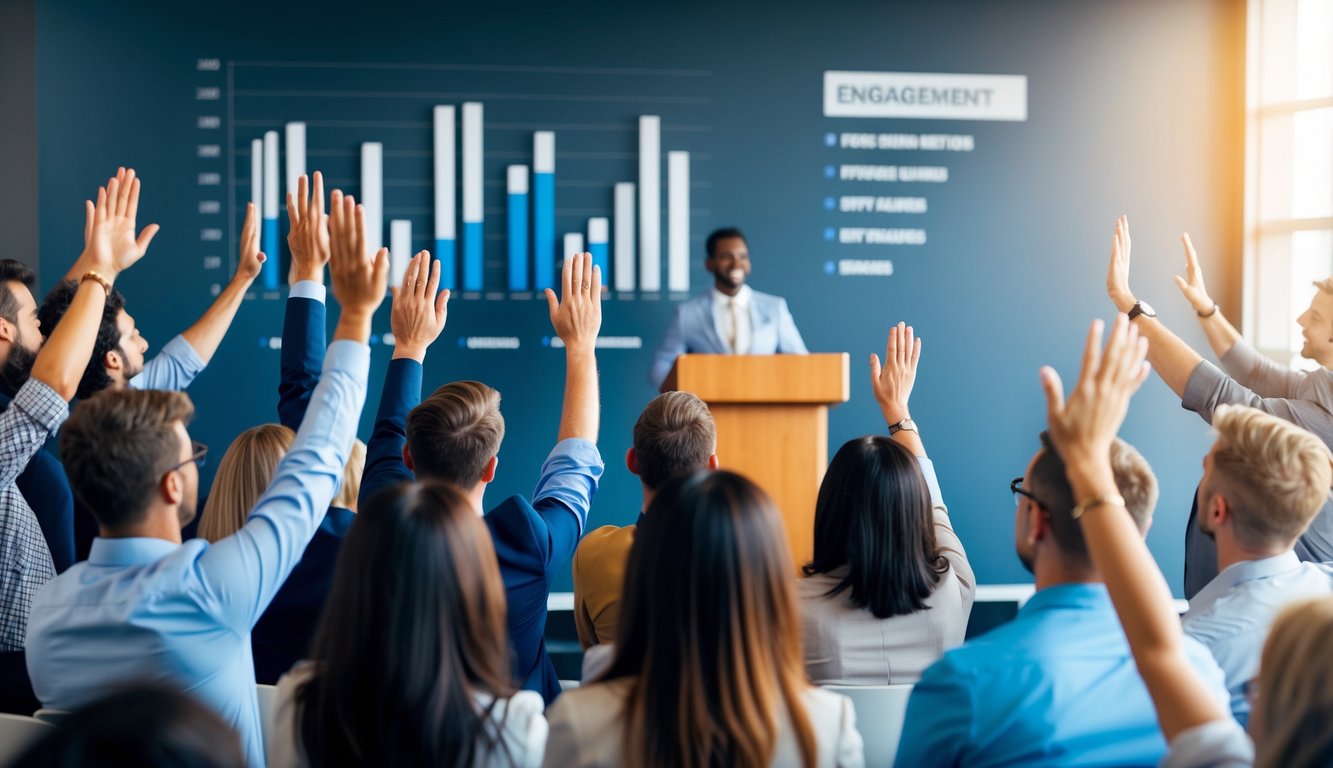 A group of people gathered around a podium, raising their hands to answer giveaway questions. A chart on the wall shows engagement metrics