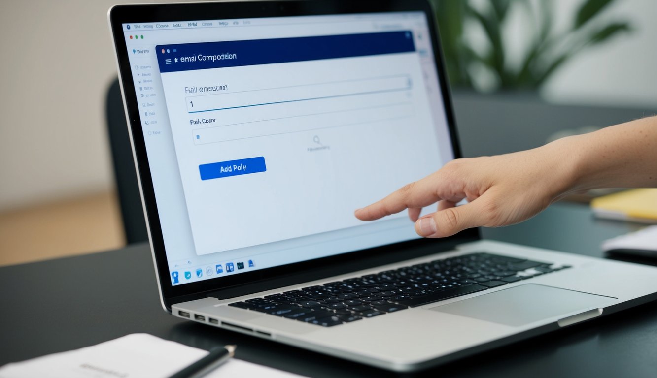 A laptop open on a desk, with an email composition window visible on the screen. A mouse cursor hovers over a button labeled "Add Poll."