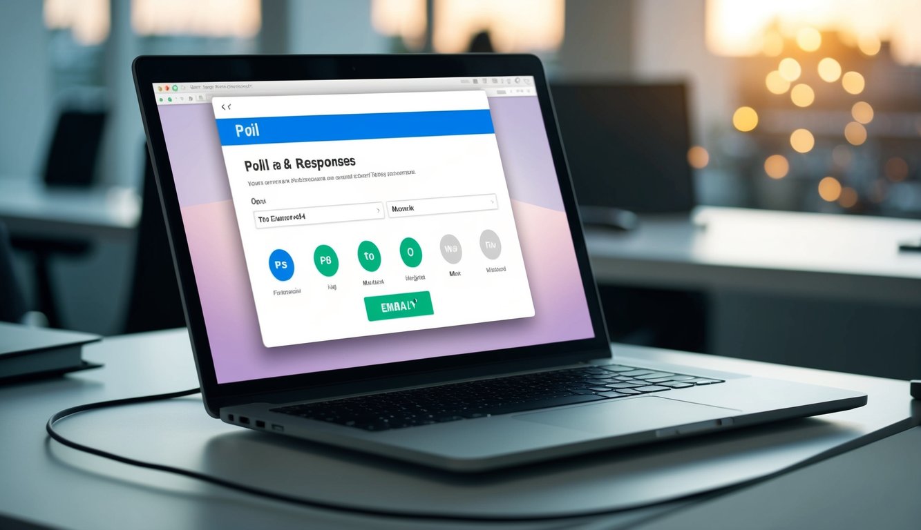 A laptop open on a desk with an email interface visible. A poll is displayed within the email, with options for responses and a button to submit