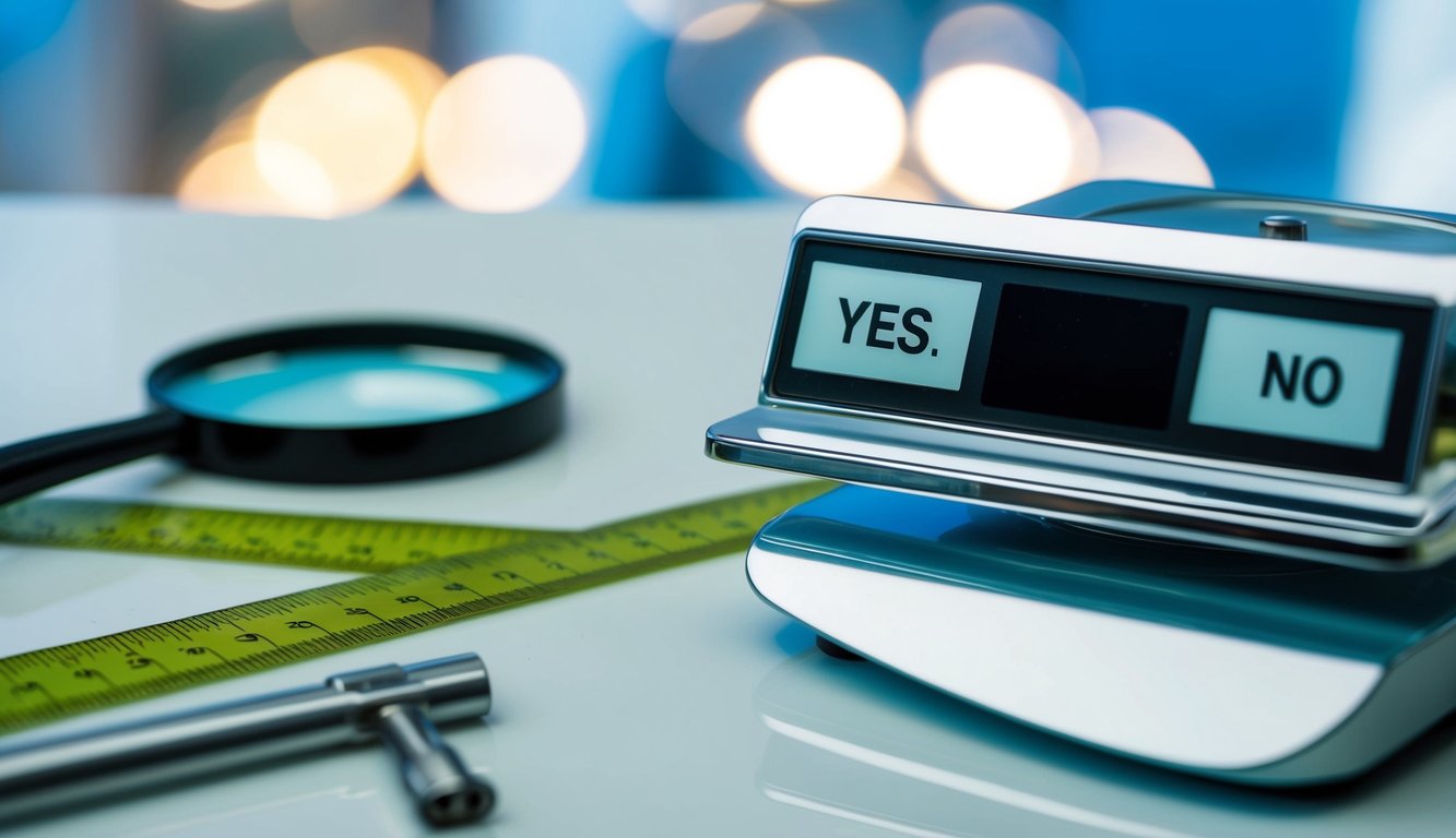 A scale with two clear options: "Yes" and "No." A ruler and a magnifying glass sit nearby