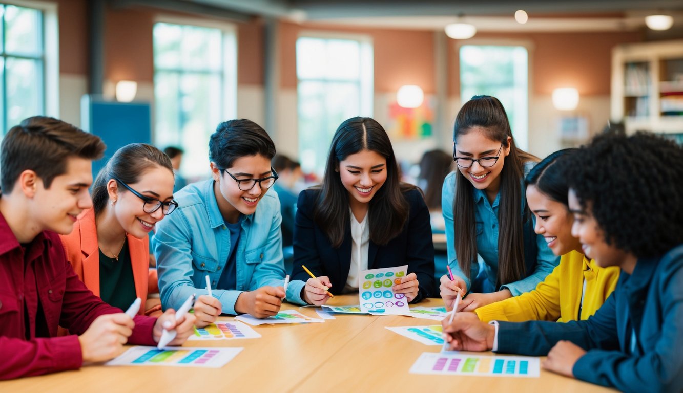 A group of students eagerly filling out colorful, engaging surveys with smiley faces and check boxes