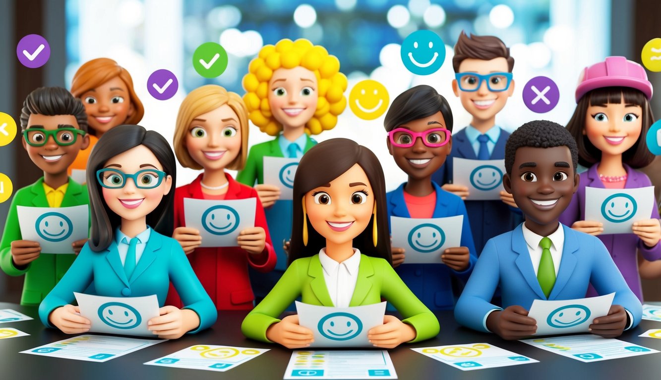 A group of diverse, animated characters fill out colorful surveys with smiley faces and checkmarks, surrounded by playful icons and symbols