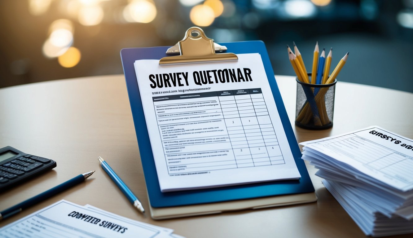 A clipboard with a survey questionnaire on a table, surrounded by a pen, pencil, and a stack of completed surveys