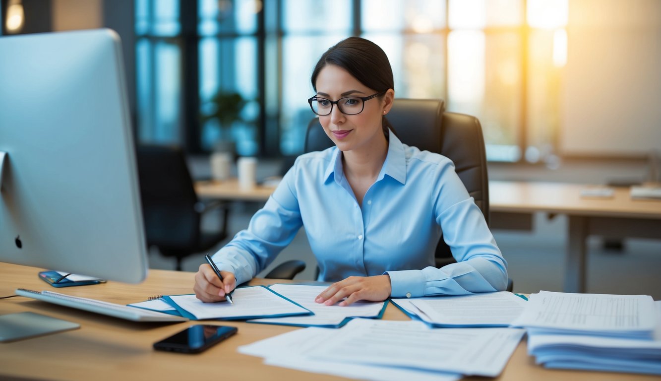 A researcher sits at a desk, surrounded by papers and a computer. They are carefully crafting a survey questionnaire, pondering each question's wording