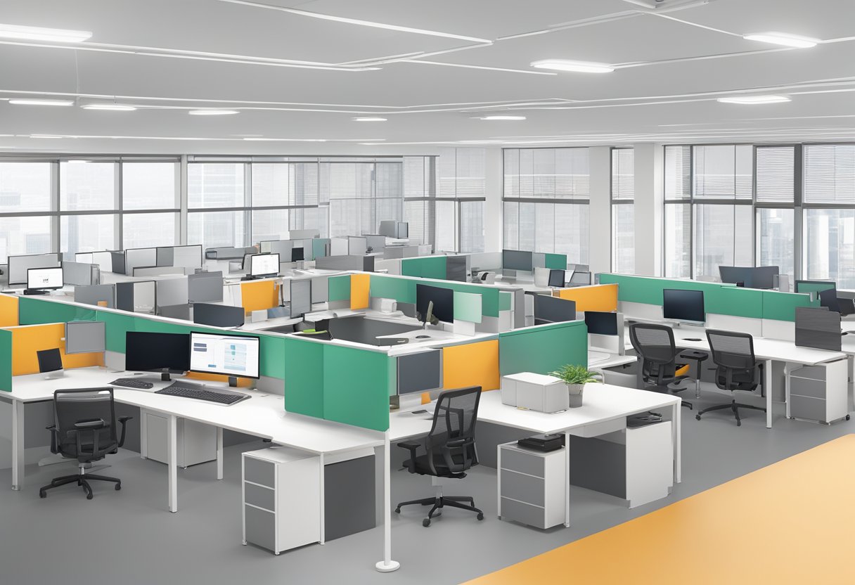 An open office with both desks and collaborative spaces. Employees easily reserve workstations through an app. Sensors throughout the space provide real-time data on occupancy and environmental conditions