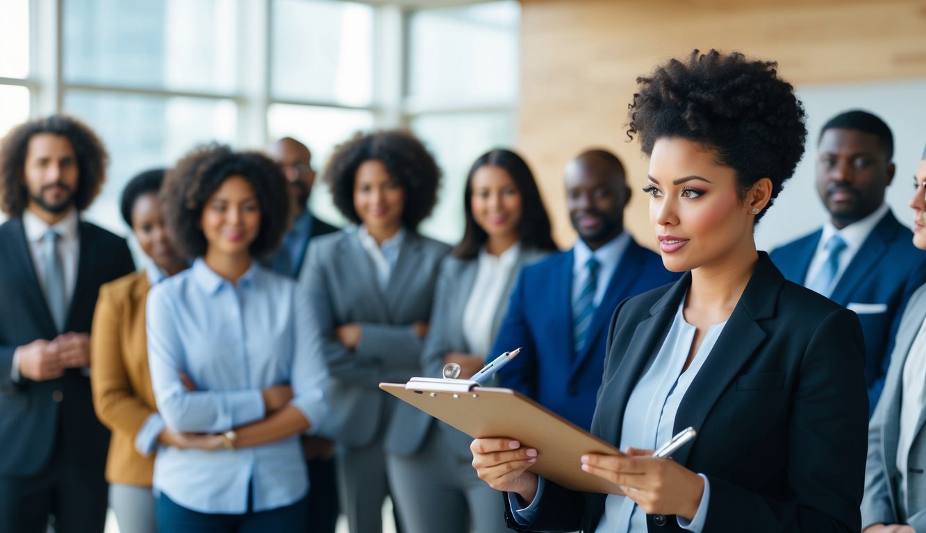 A person holding a clipboard and pen, standing in front of a group of diverse individuals. The person is asking questions and taking notes