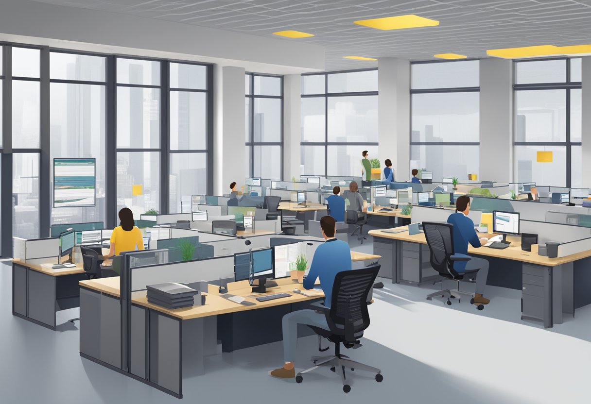 A bustling office space with employees easily reserving workstations. Sensors deployed throughout for real-time data collection. Historical usage data displayed on screens