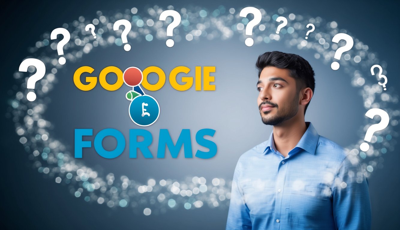 A person weighing the pros and cons of Google Forms, surrounded by a cloud of question marks and checkmarks