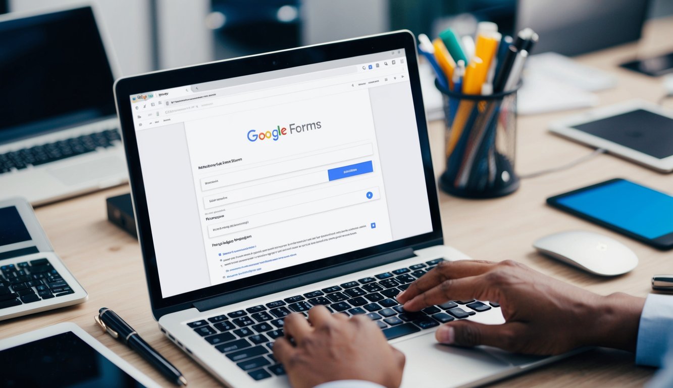 A laptop displaying a Google Forms page, surrounded by a variety of digital devices and office supplies. A person's hand is shown clicking on the laptop