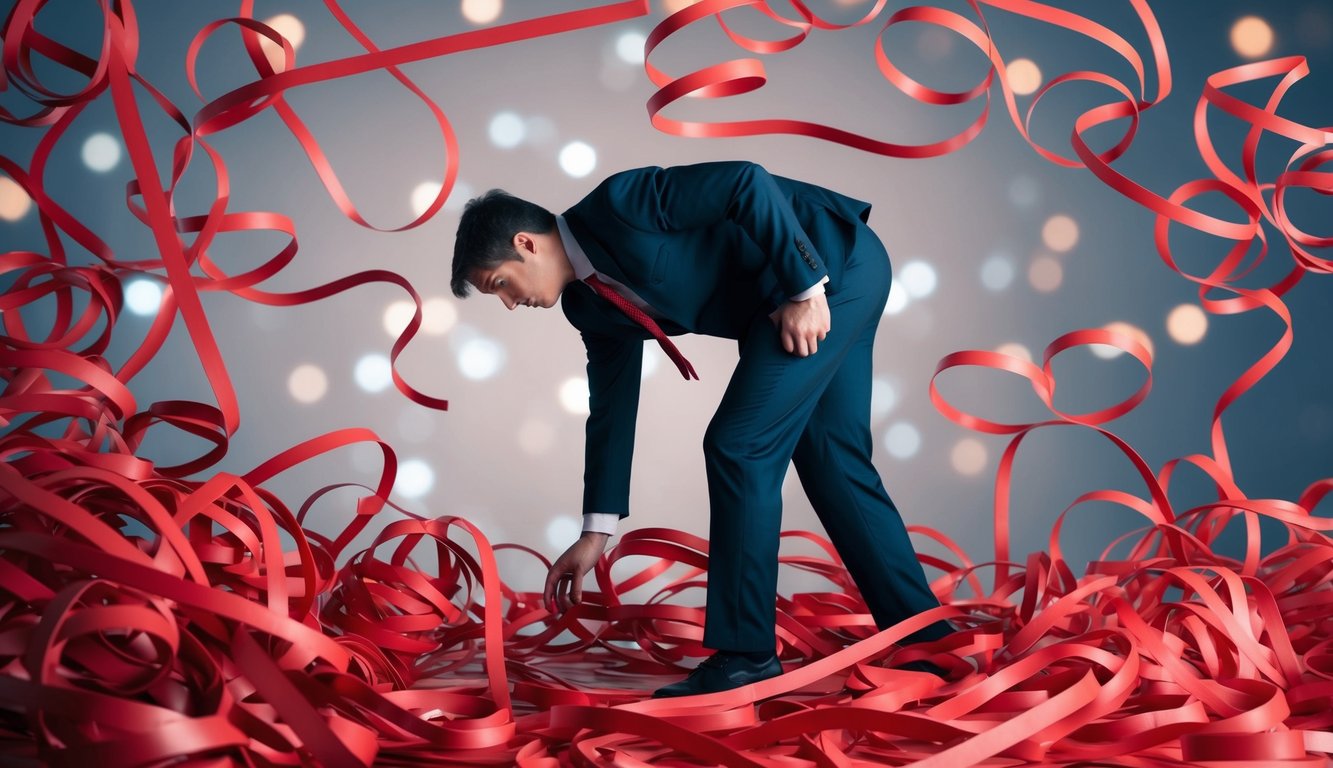 A person struggling to navigate through a maze of tangled red tape, representing the disadvantages of Google Forms