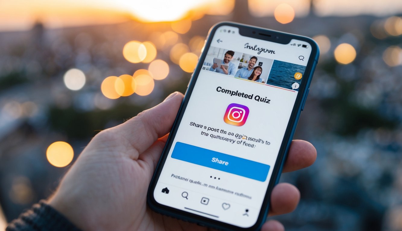 A smartphone displaying a completed quiz with a "share" button highlighted. Instagram app open, with the option to post the quiz results to the user's story or feed