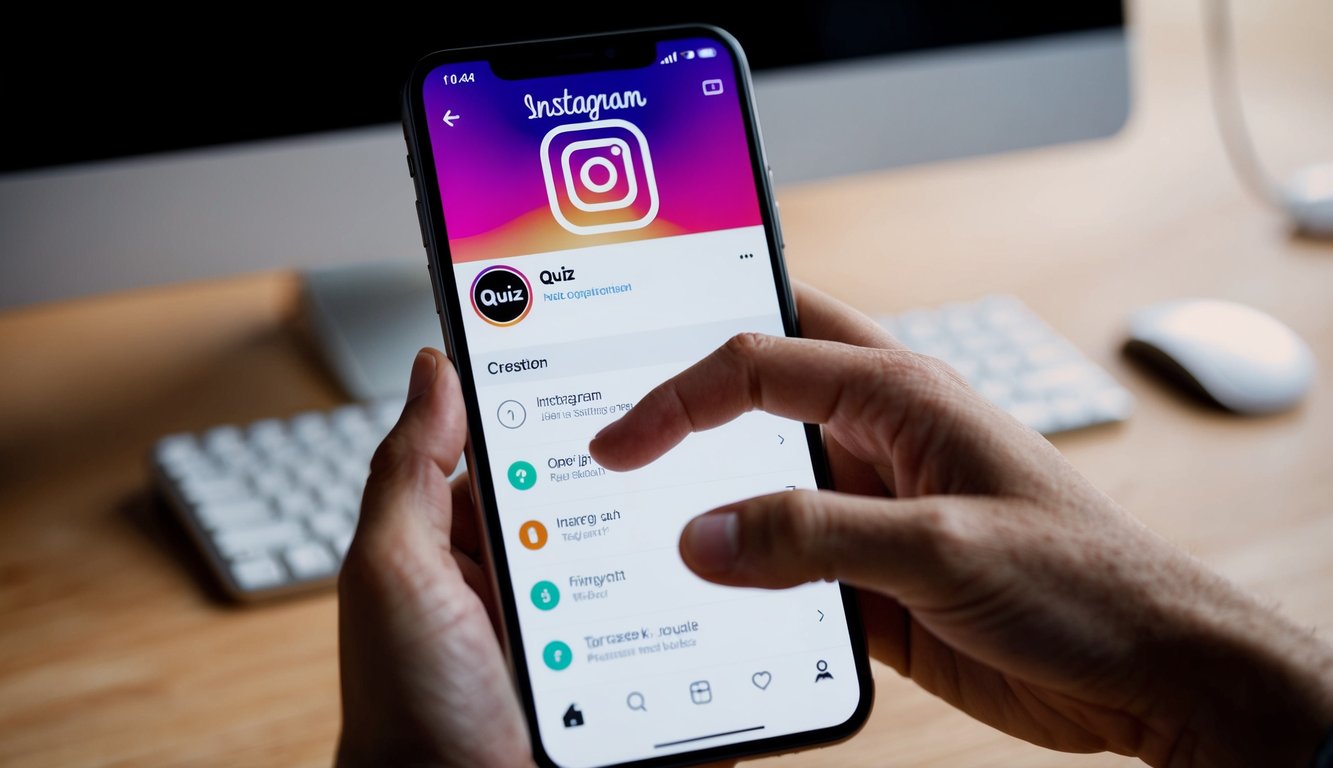 A smartphone with Instagram open, displaying the quiz creation interface. A hand hovers over the screen, ready to share quiz results