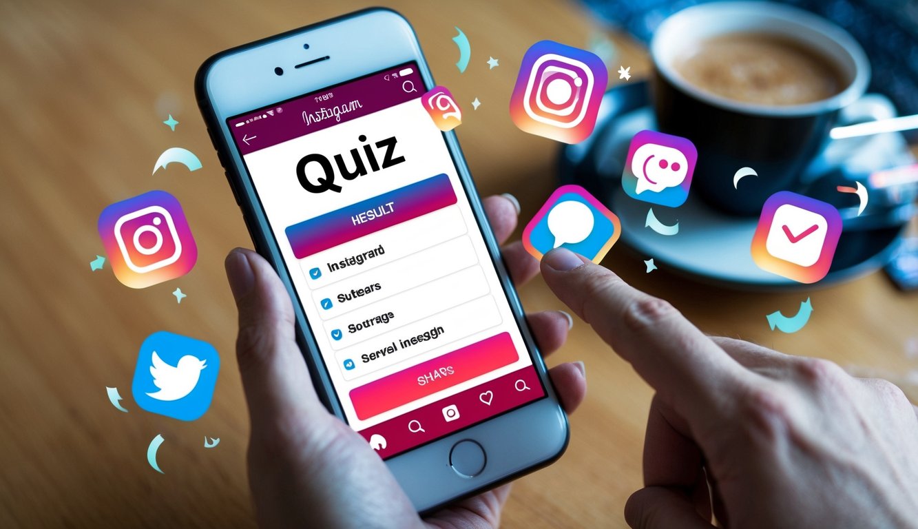 A smartphone with a quiz result displayed on the screen, surrounded by Instagram icons and a hand pressing the share button