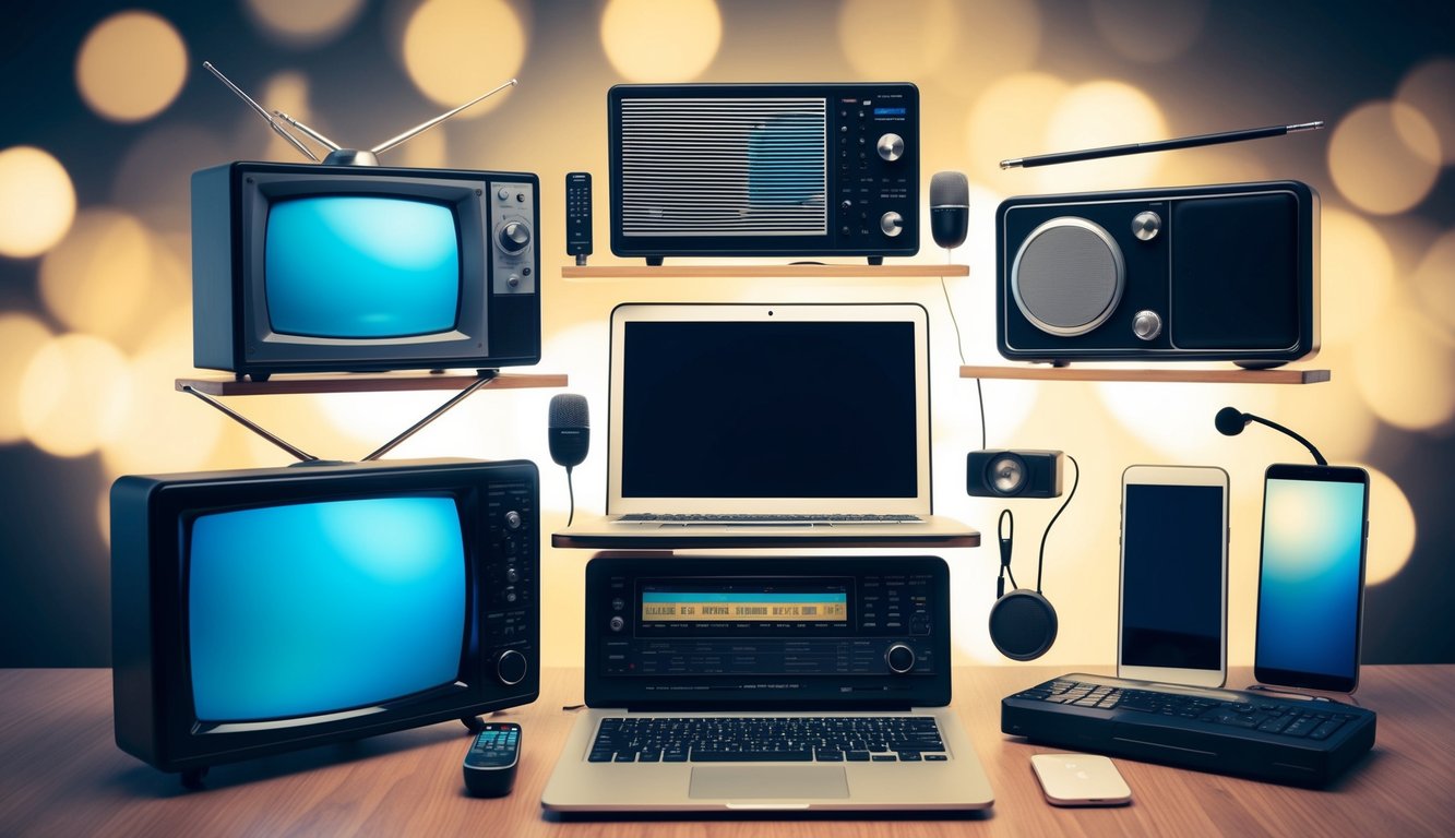 A group of various media devices, such as a television, radio, smartphone, and laptop, arranged in a dynamic composition