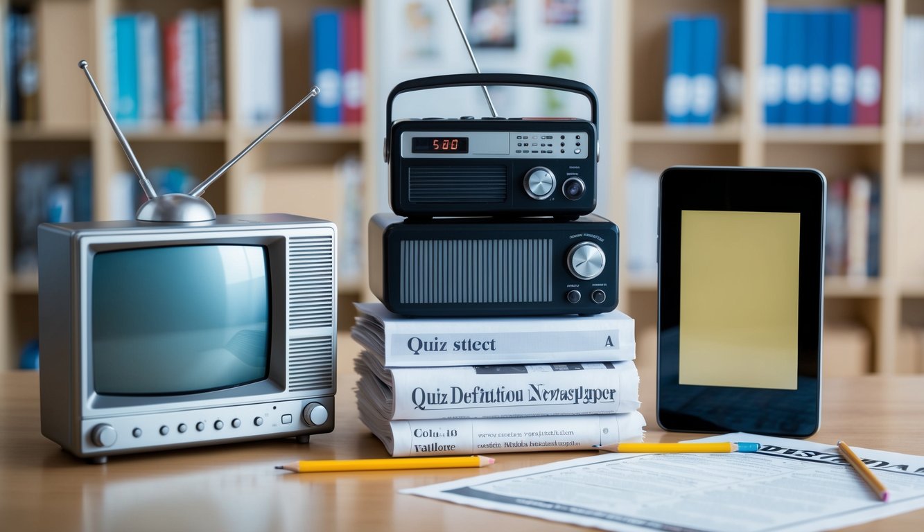 A stack of various media devices, including a TV, radio, smartphone, and newspaper, arranged on a table with a quiz sheet and pencil