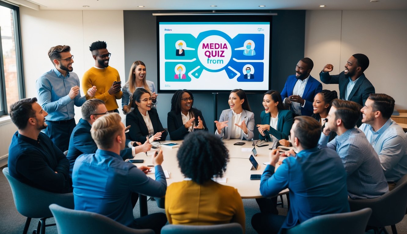 A group of diverse people gather around a large screen, eagerly answering questions and competing in a media quiz. The room is filled with excitement and friendly banter as the quiz progresses