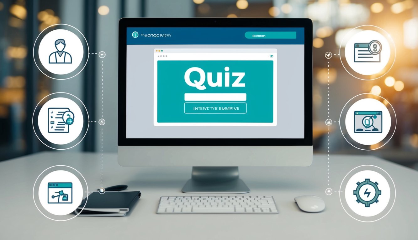 A computer screen displaying a quiz embed with interactive elements, surrounded by icons representing user engagement and conversion