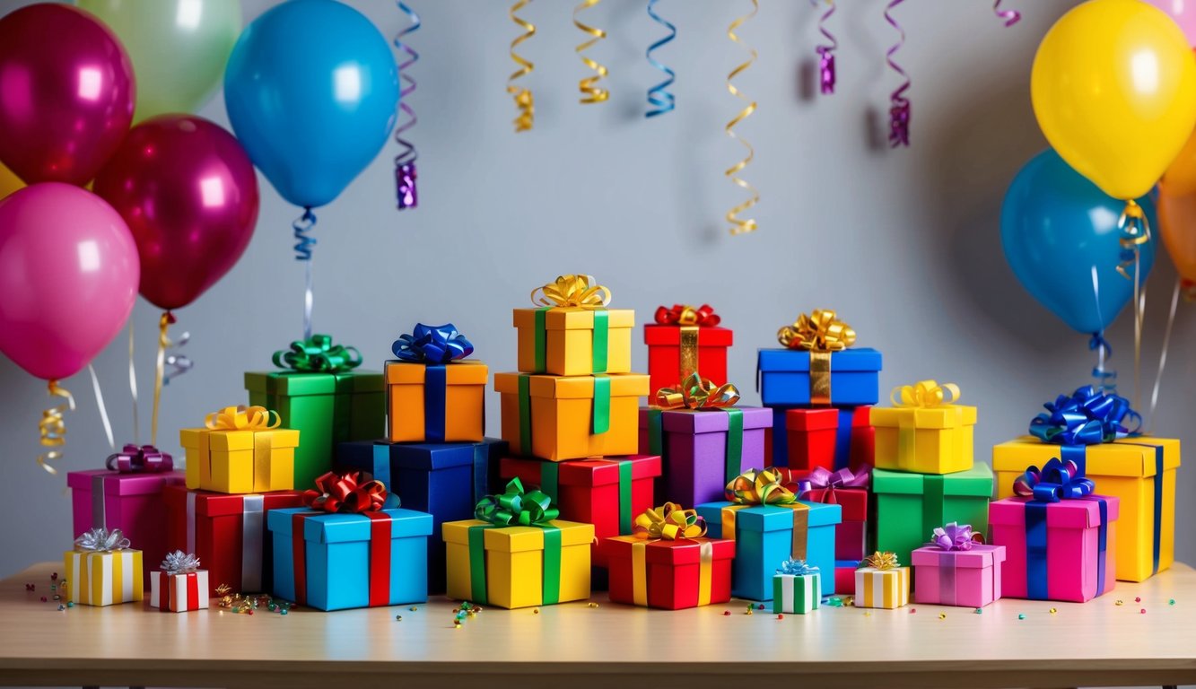 A pile of colorful gifts and prizes arranged on a table with balloons and streamers in the background