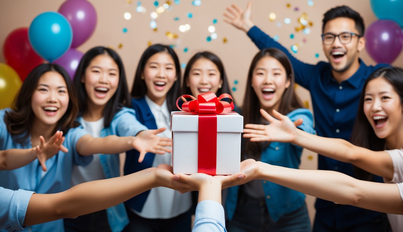 A hand holding a gift box surrounded by excited people with outstretched arms. Balloons and confetti in the background