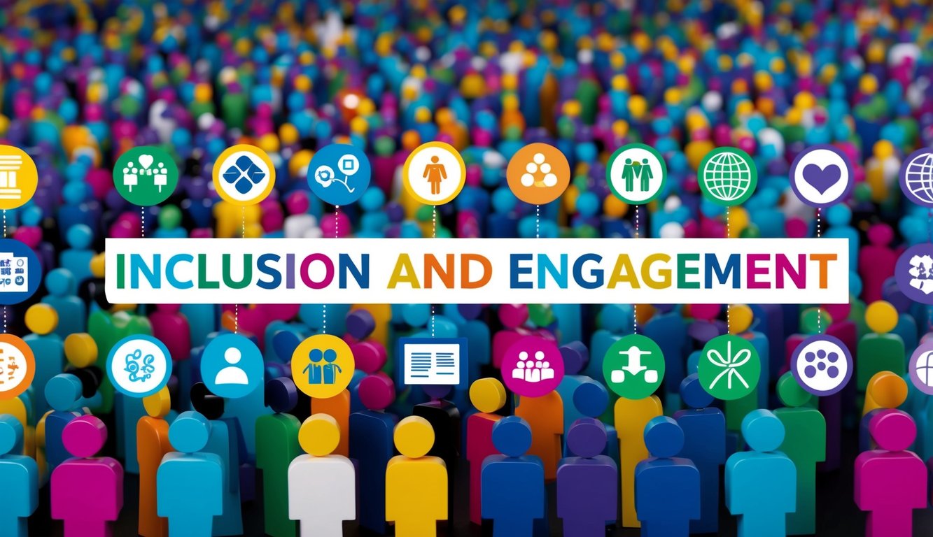 A colorful array of diverse symbols and icons representing inclusion and engagement, surrounded by a crowd of abstract figures