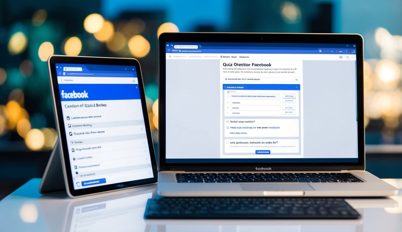 A computer screen with a Facebook page open, showing a quiz creation interface with options for questions, answers, and settings