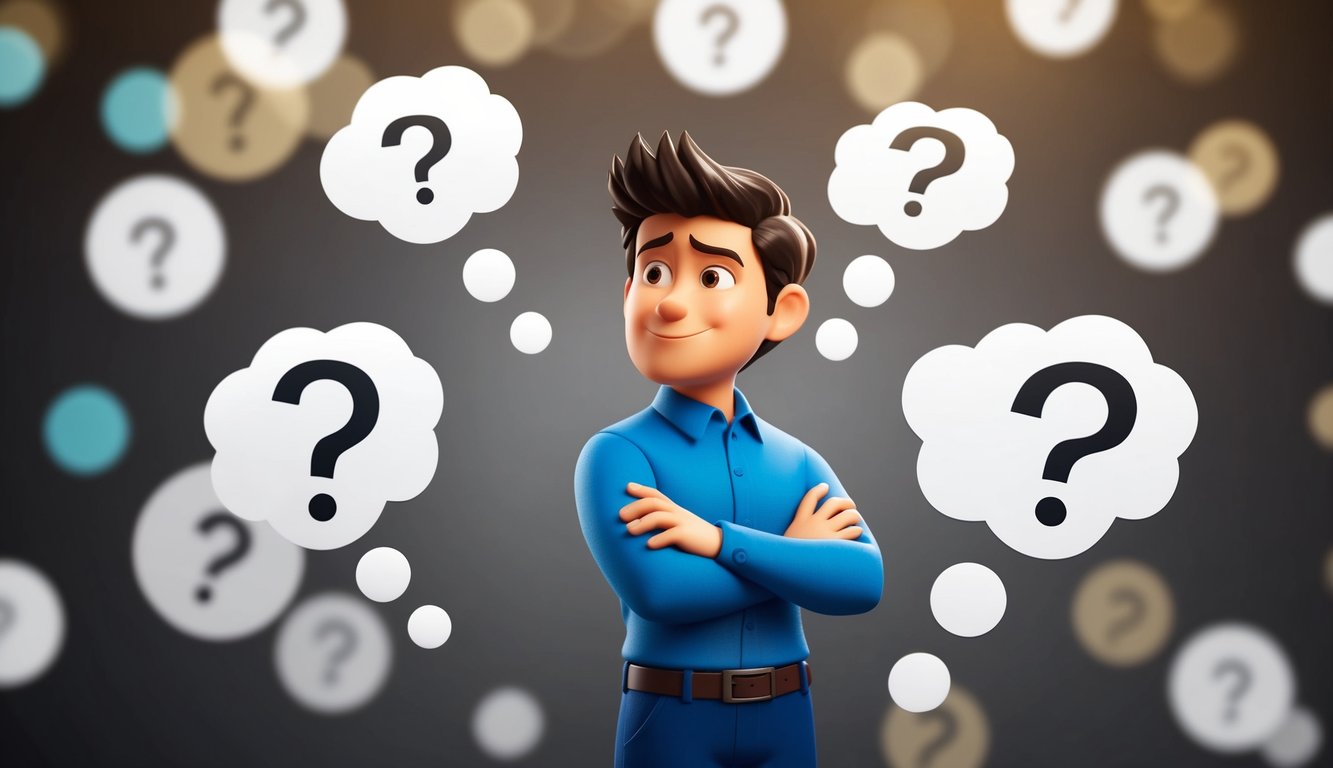 A character standing confidently, with a thoughtful expression, surrounded by floating question marks and thought bubbles