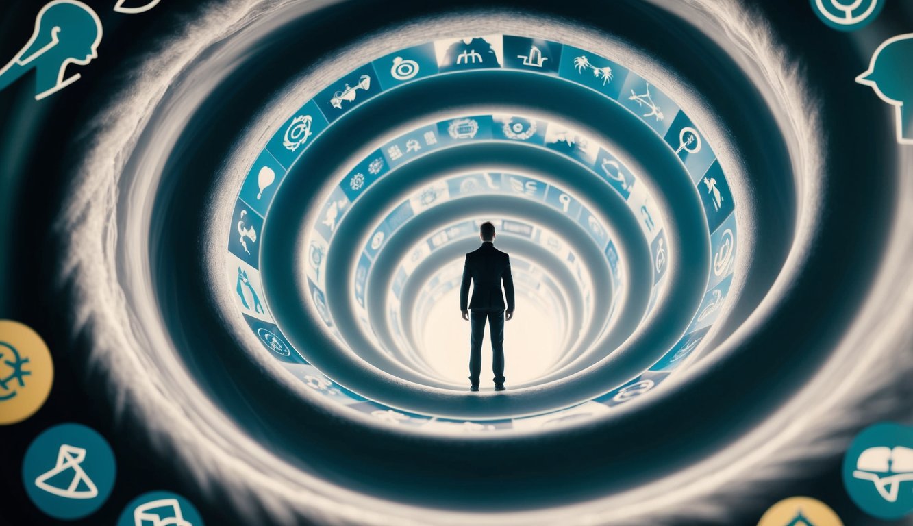 A figure standing in front of a swirling vortex, surrounded by symbols and imagery representing their personality traits and inner thoughts