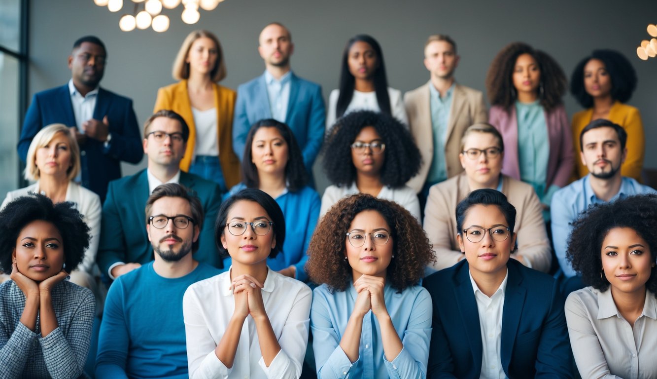 A diverse group of people pondering their own cultural impact and personal reflection, each with unique expressions and body language