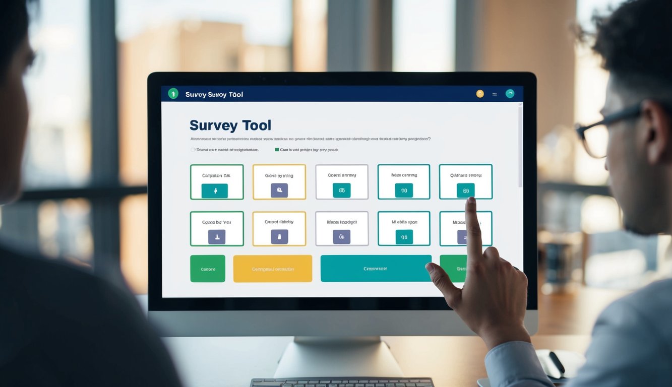 A computer screen displaying a survey tool interface with various question options and input fields. A mouse cursor hovers over the options