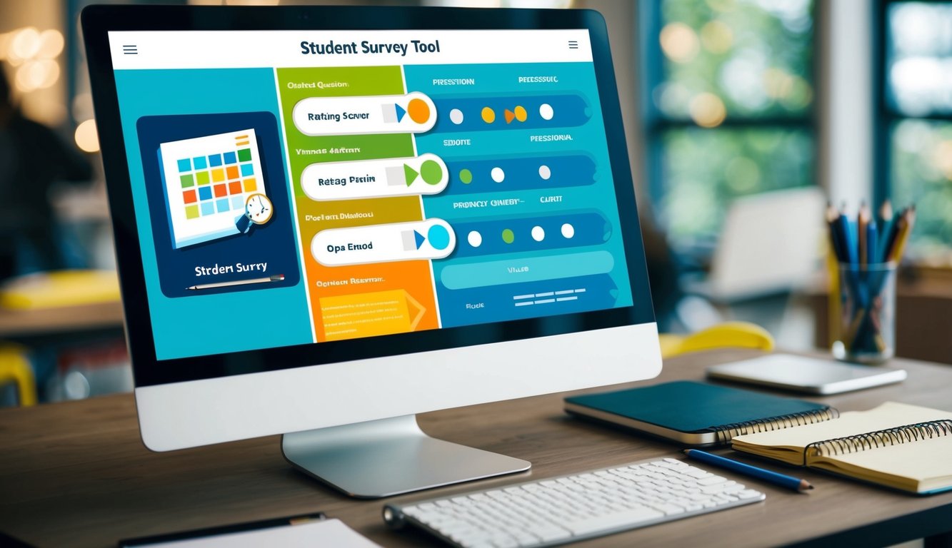 A student survey tool with a variety of question types, such as multiple choice, rating scales, and open-ended responses. A computer screen displays the survey interface with a pencil and notebook nearby