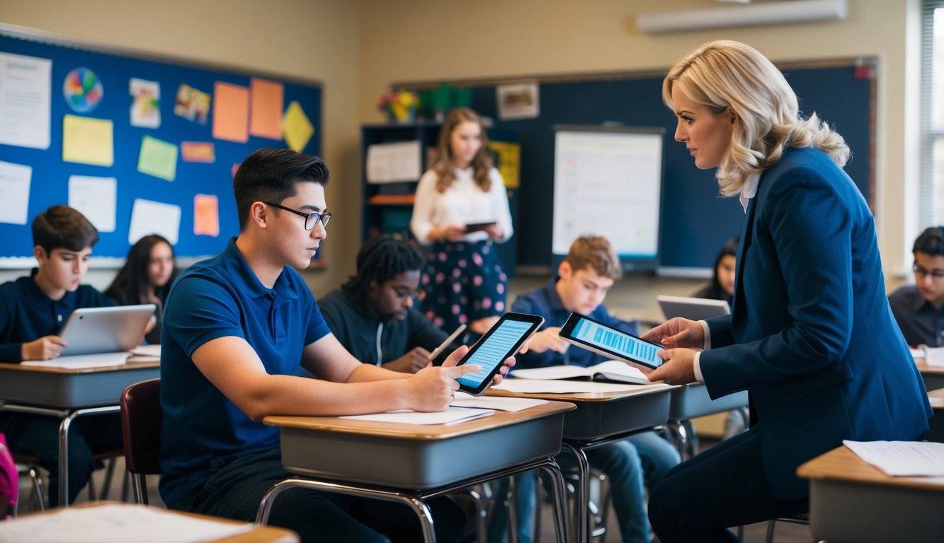 A classroom setting with students filling out surveys on tablets or computers, while the teacher observes and assists