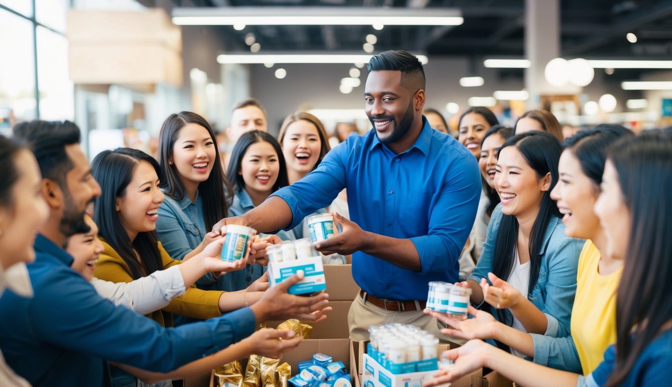 A store owner handing out free products to a crowd of excited customers, who are eagerly grabbing the items and smiling