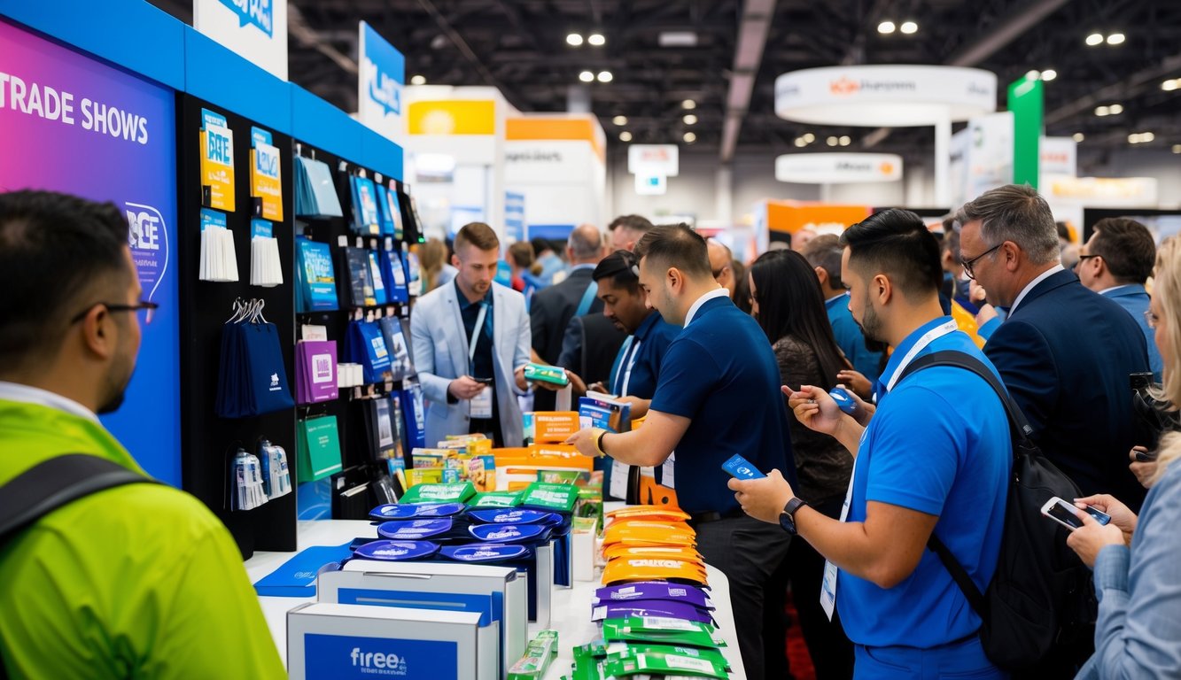 A colorful display of branded merchandise and free items attracts a crowd at a trade show booth. Attendees eagerly grab promotional products