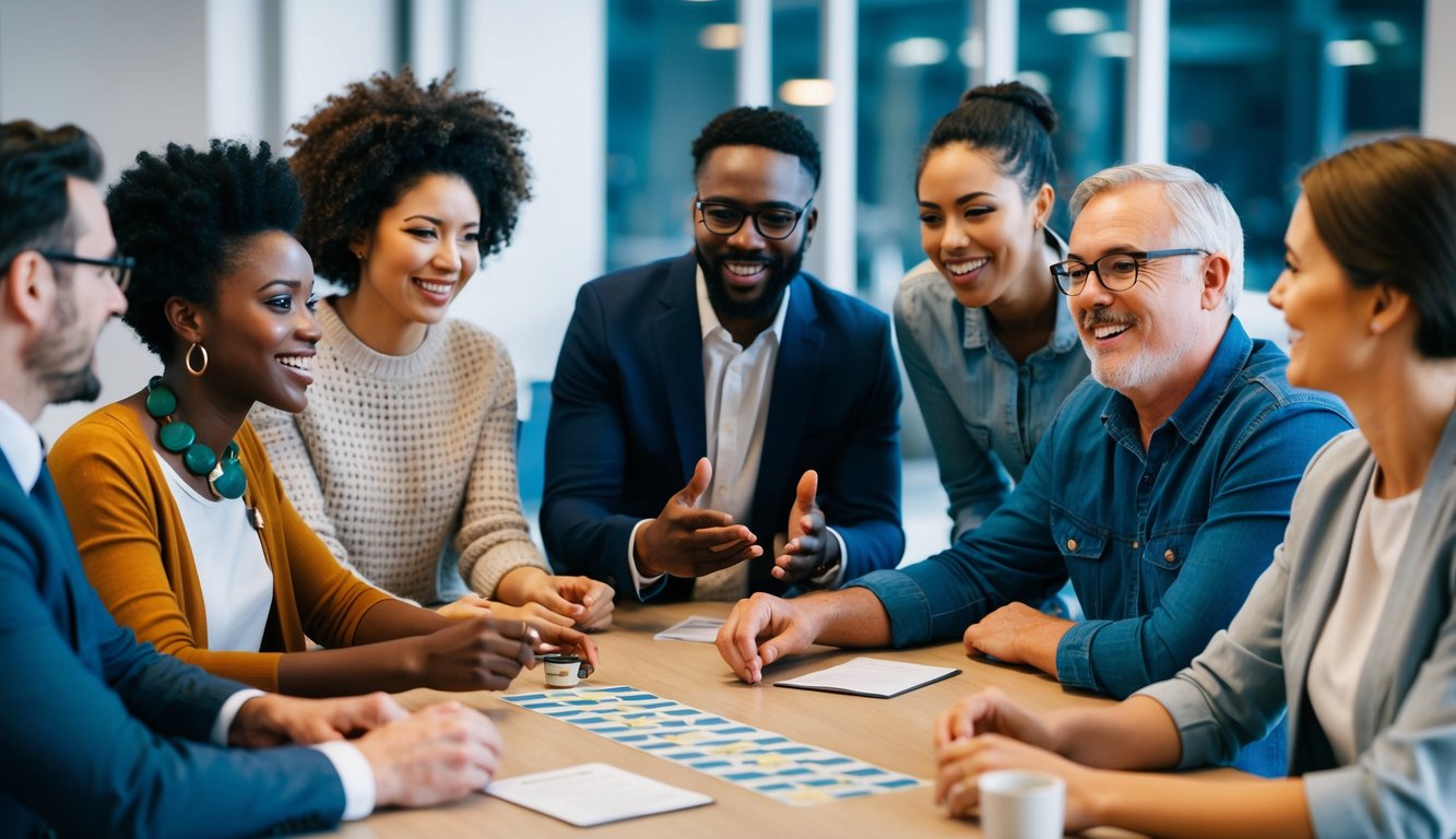 A group of diverse people gathered around a table, engaging in a lively discussion while taking part in a social quiz game