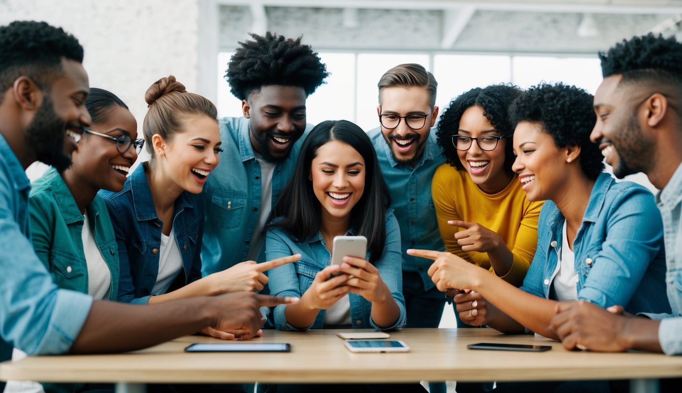 A group of diverse people gather around a table, laughing and pointing at a smartphone screen. A quiz app is open, and the group eagerly discusses the questions and their answers