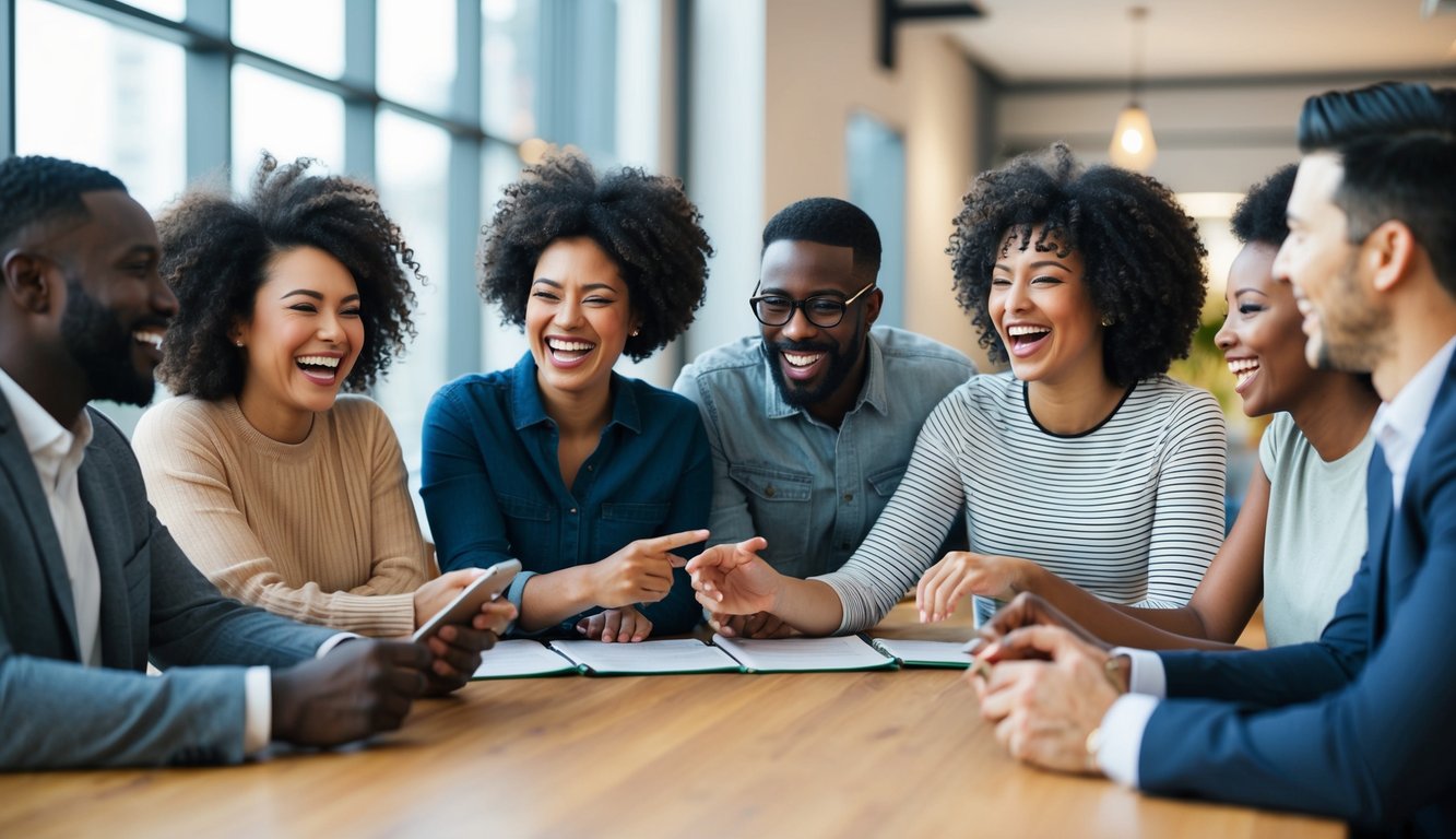 A group of diverse people laughing and engaging in a lively discussion while taking part in a social quiz together