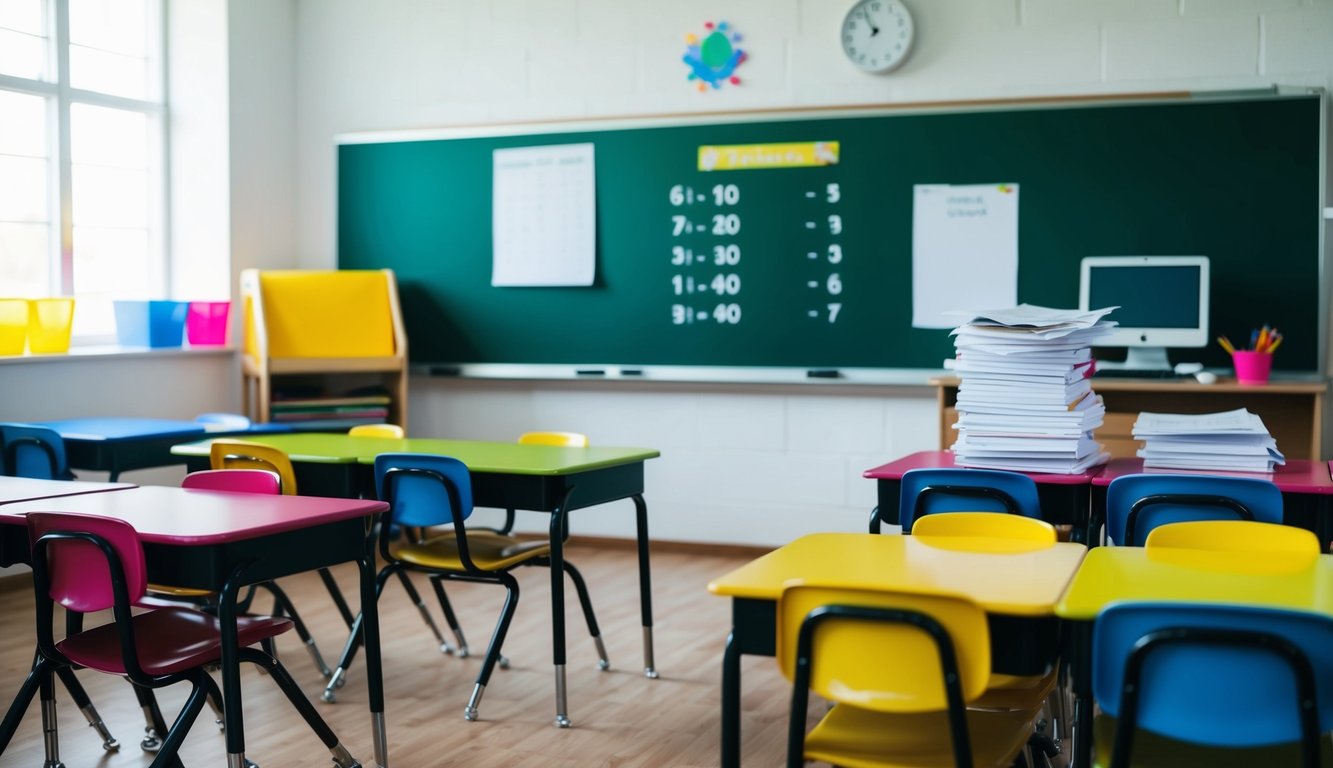 A classroom with colorful desks and chairs, a whiteboard with math problems, and a teacher's desk with a stack of papers and a computer