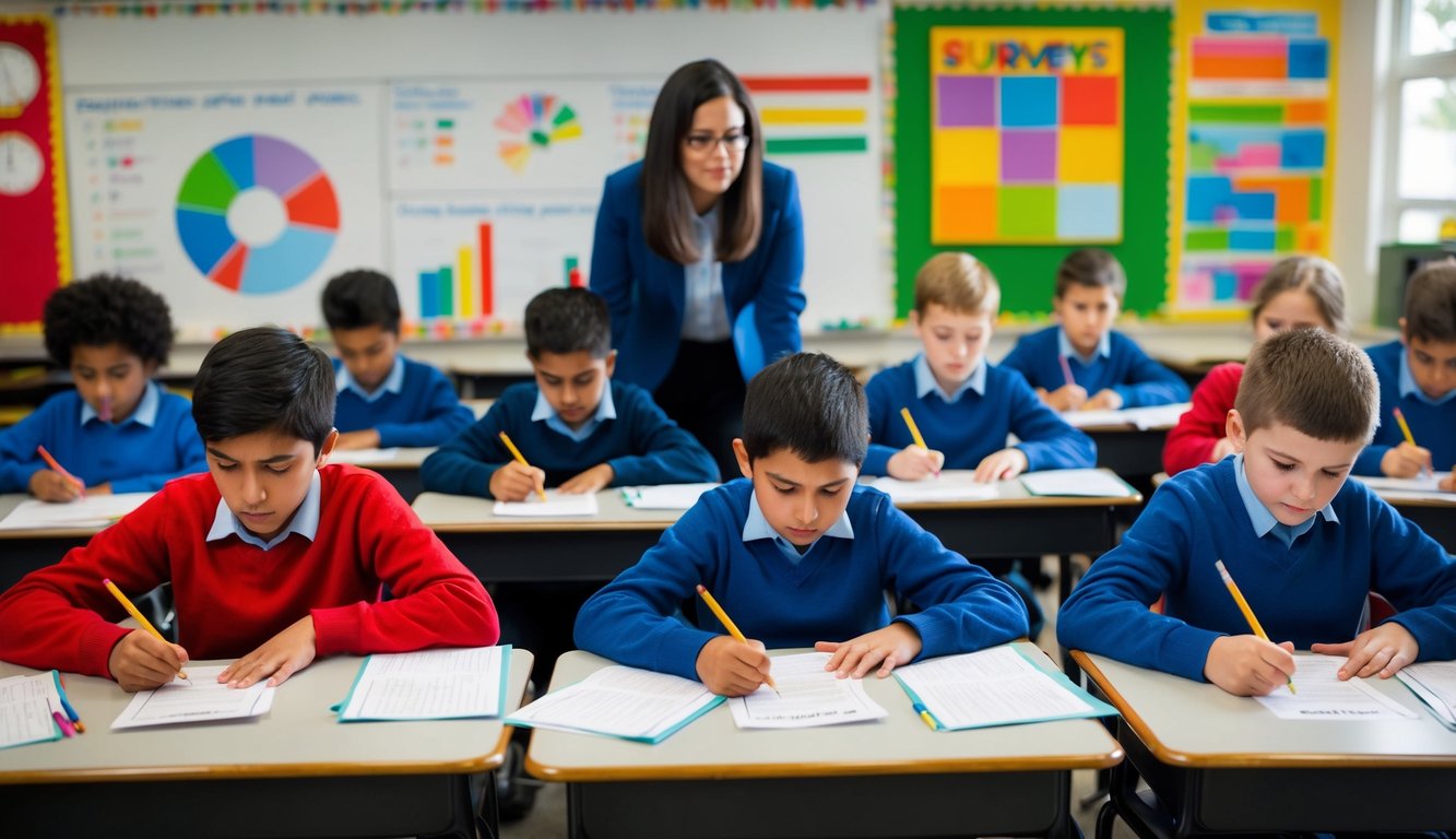 A group of elementary students sit at desks, filling out survey forms with pencils. The teacher watches over them, as colorful charts and graphs hang on the walls