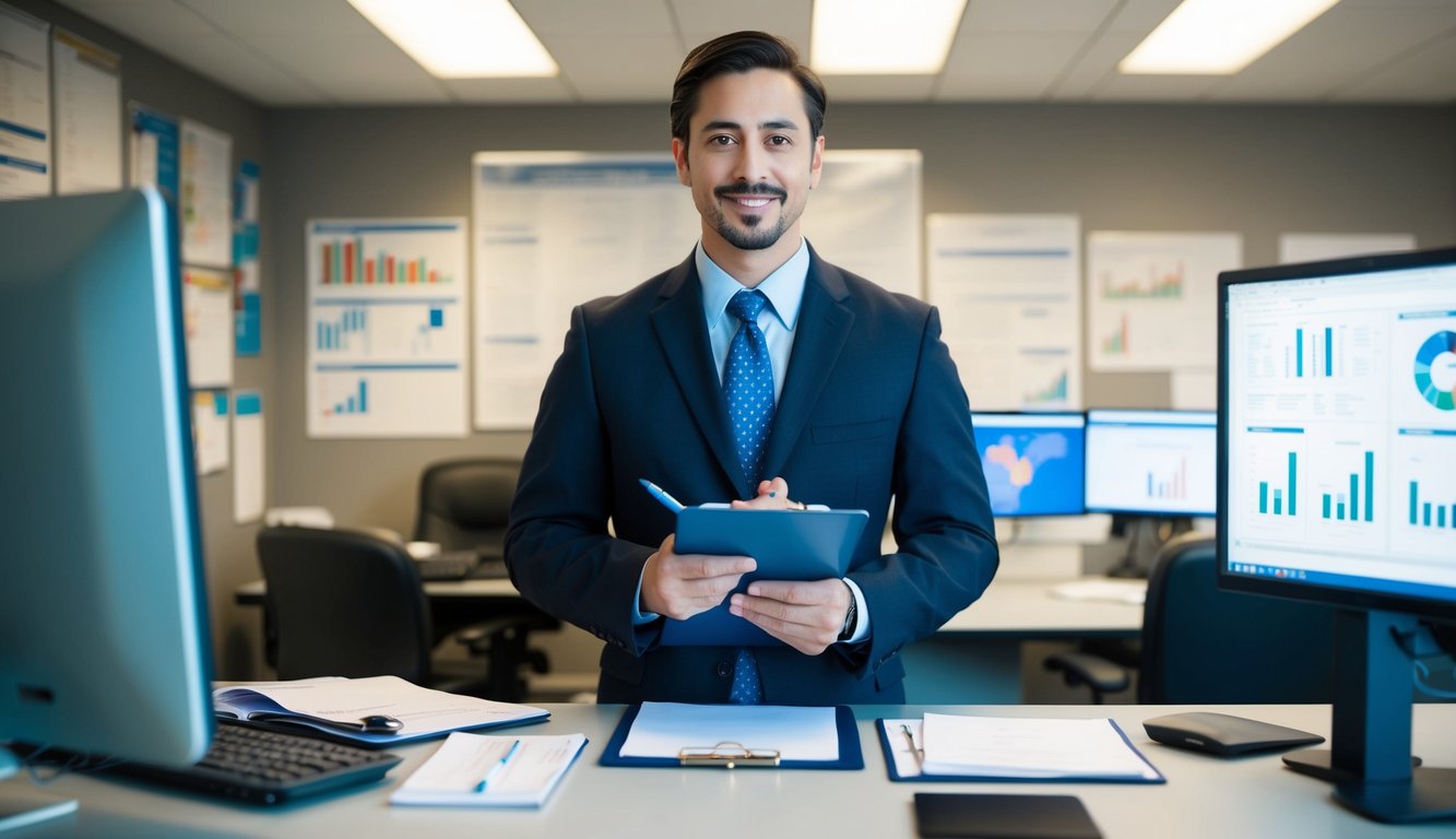 A government worker stands at a desk, holding a clipboard and pen. Charts and graphs cover the walls, and a computer displays data