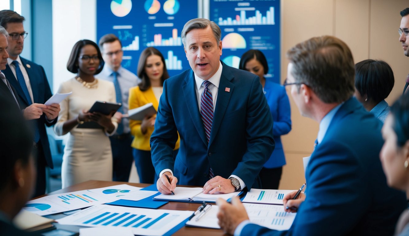 A government official stands at a desk, surrounded by charts and graphs. They are speaking to a group of people, taking notes and collecting data