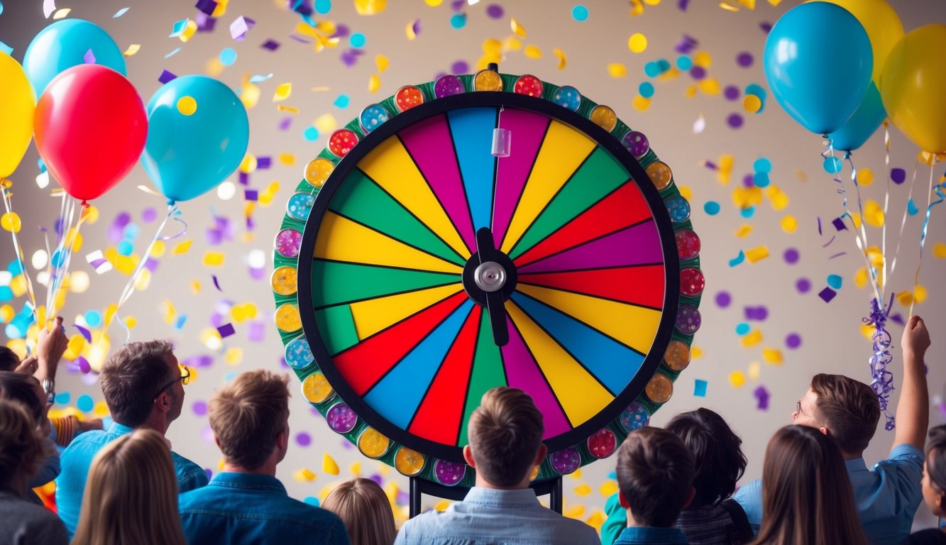 A colorful wheel spinning with various prizes, surrounded by confetti and balloons. People eagerly watching, waiting to see what they've won