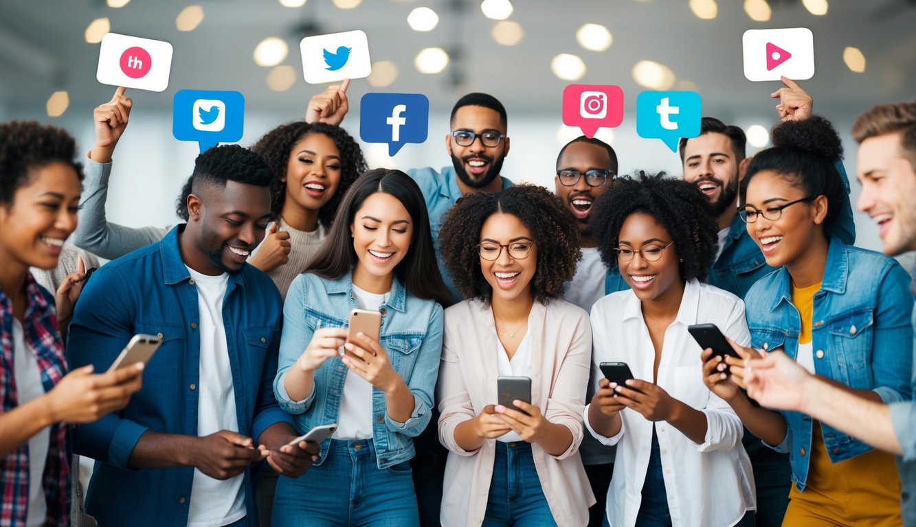 A group of diverse people eagerly engage in various activities like sharing posts, following social media accounts, and tagging friends to increase their chances of winning in a giveaway contest