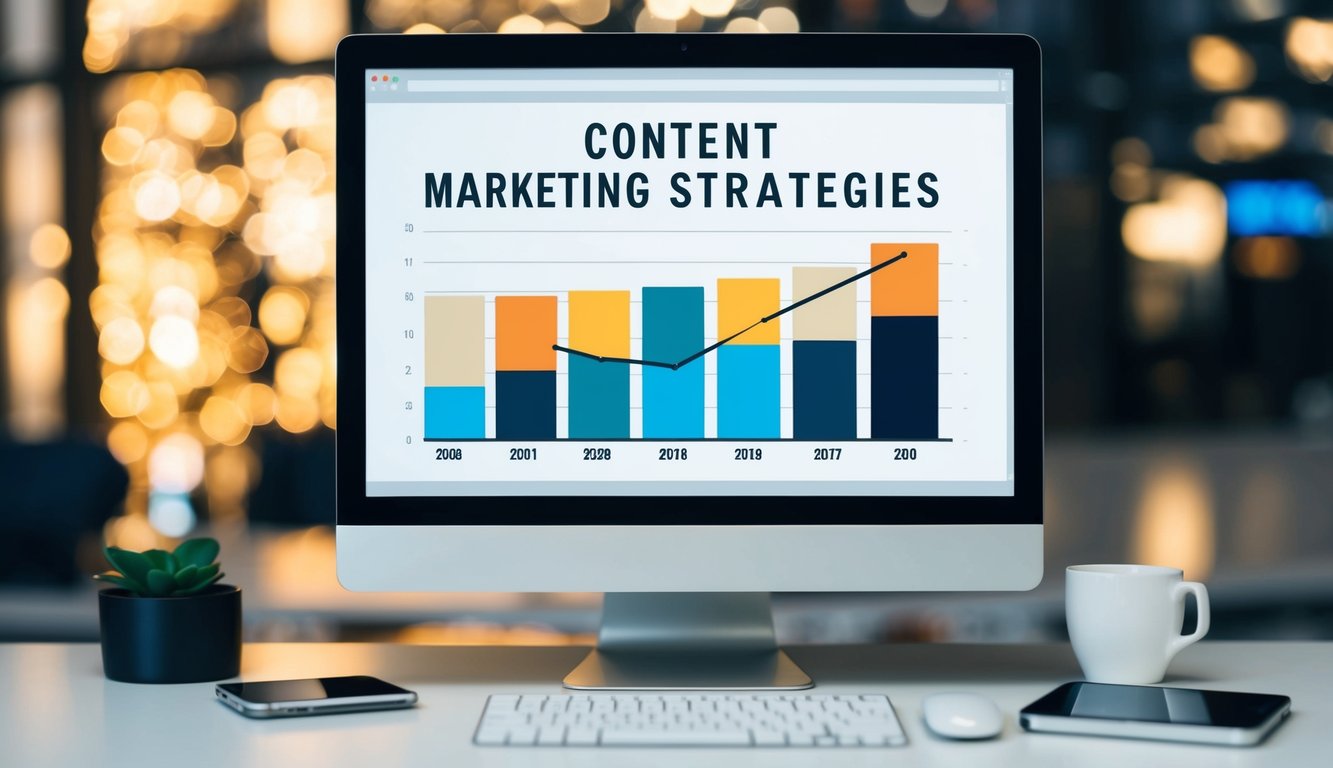 A computer screen displaying various content marketing strategies with a bar graph showing increasing spend over time