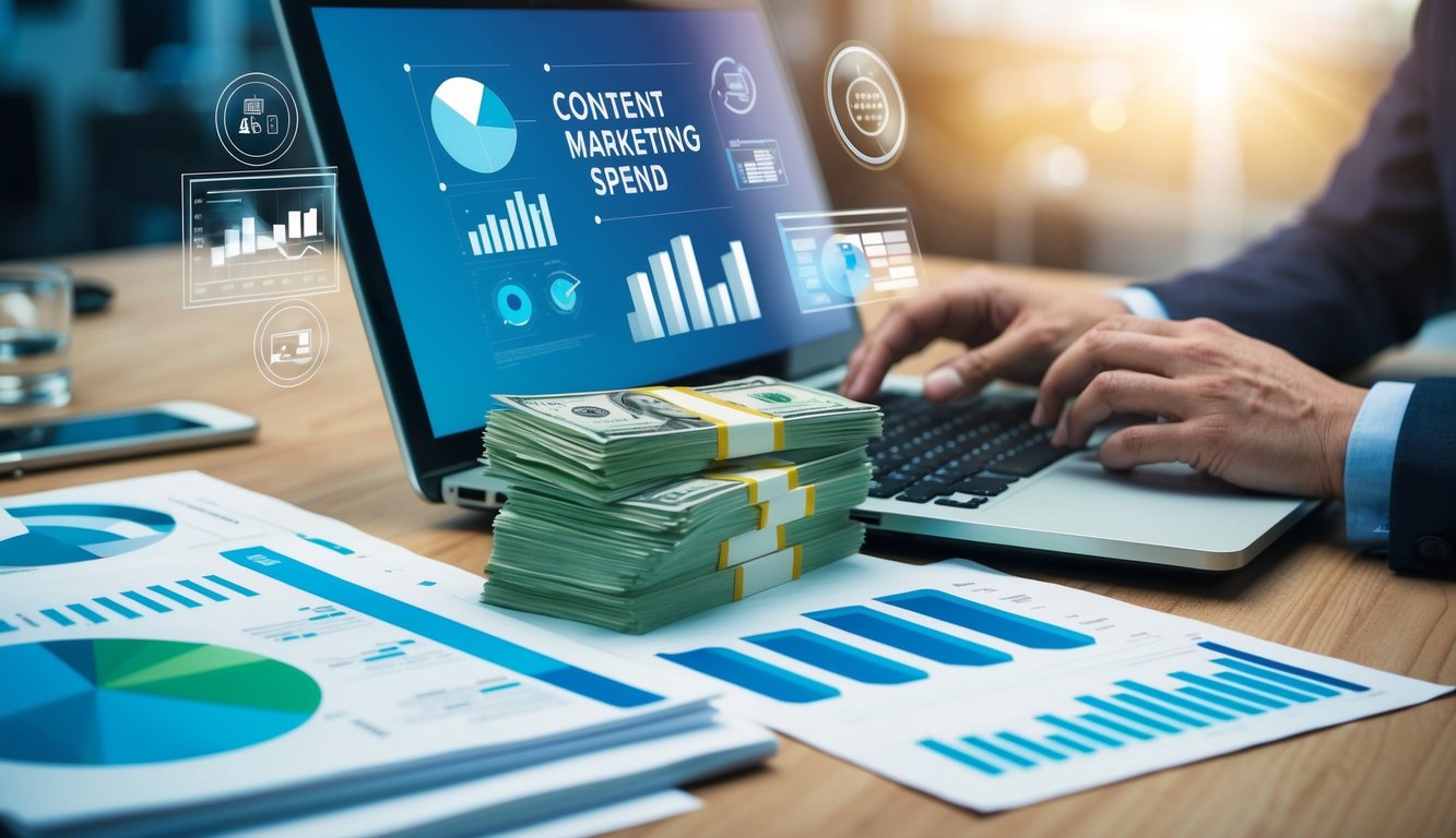 A person using a laptop, surrounded by charts, graphs, and marketing materials. A stack of dollar bills symbolizing content marketing spend sits on the desk