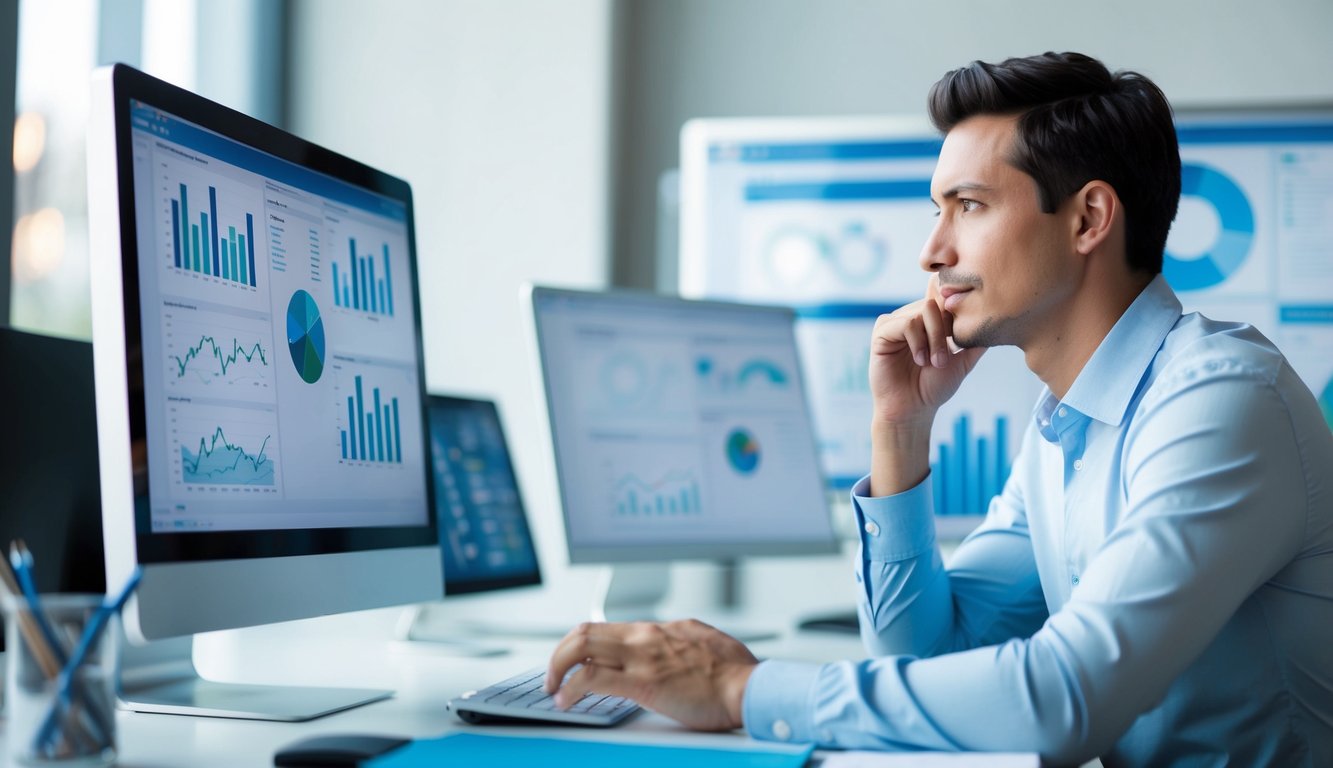 A person analyzing data on a computer, surrounded by charts and graphs, with a thoughtful expression