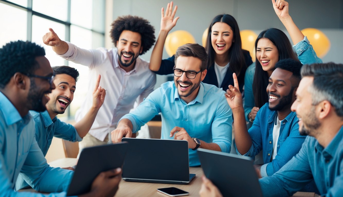 A group of adults laughing and pointing at a screen, while playing a kahoot game. Some are scratching their heads, others are eagerly raising their hands to answer the funny questions