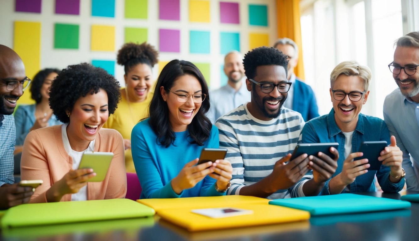 A group of adults laughing and answering humorous Kahoot questions on their devices in a lively, colorful room