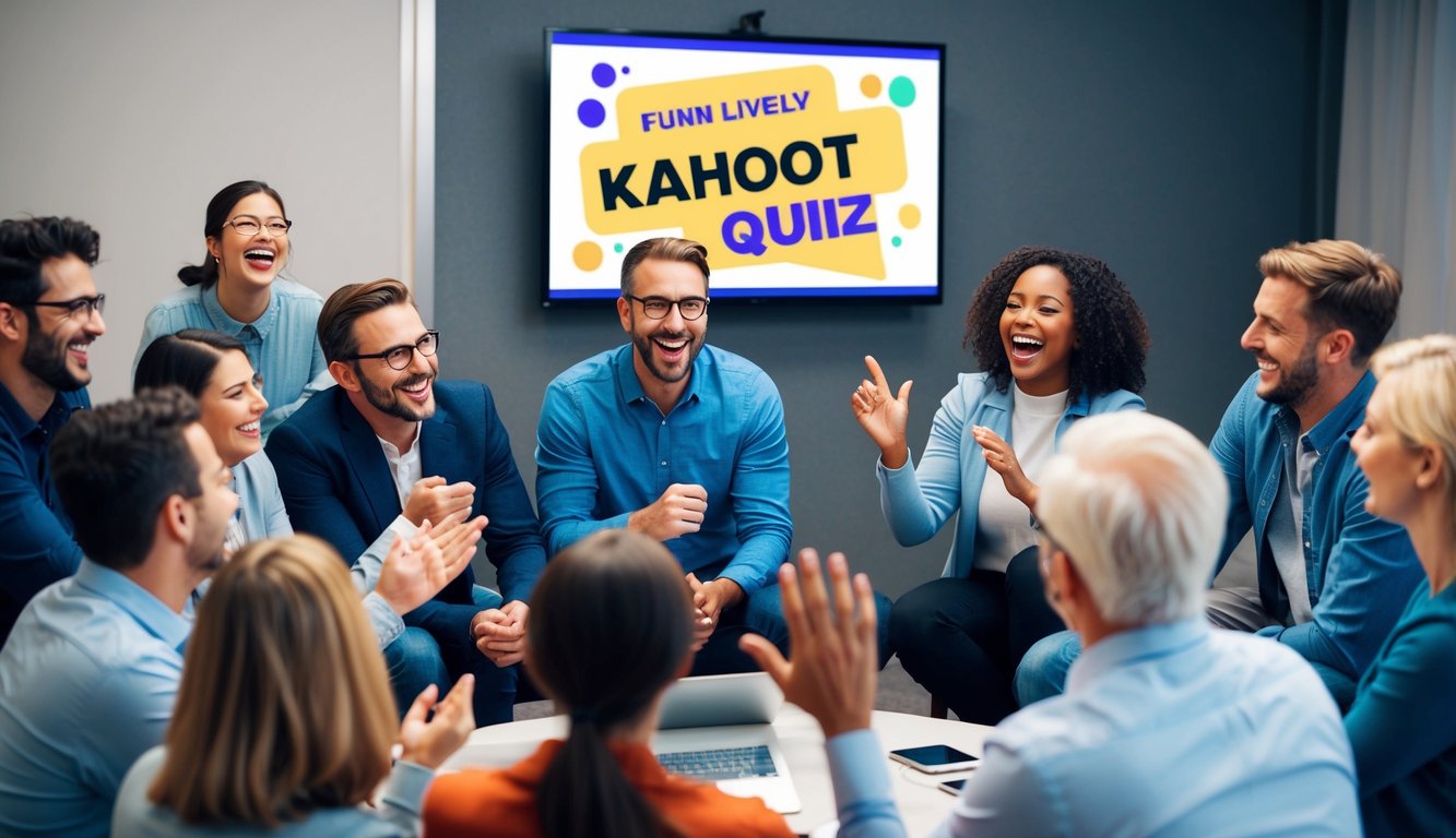 A group of adults gather around a screen, laughing and engaging as they participate in a lively Kahoot quiz with funny and entertaining questions